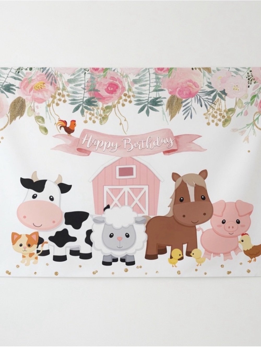 Farm Friends Pink 'Happy Birthday' Party Backdrop - 59” x 39”
